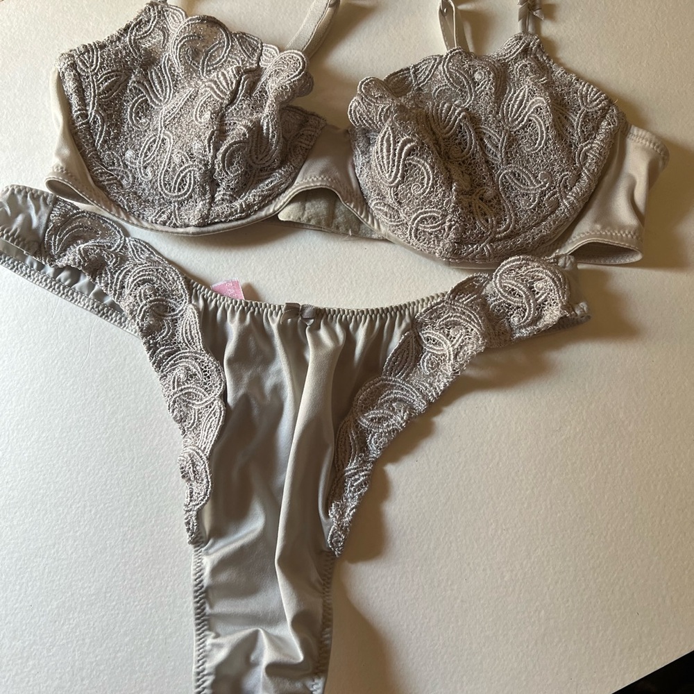 Vintage Victoria’s Secret embroidered silver bra with matching thong panty